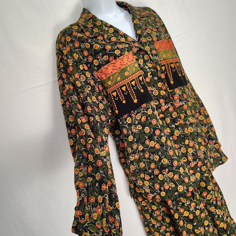 VTG 2 Pc‎ Set Button Up Top Maxi Skirt sz 10 Heart Floral Print Artsy Flowy